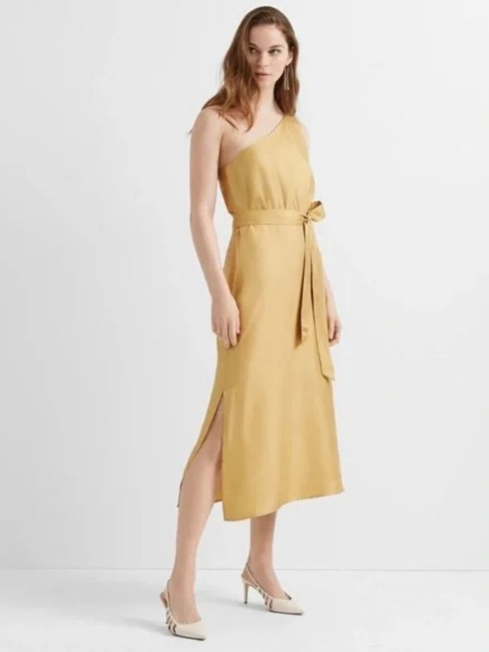 Club Monaco One-Shoulder Midi Dress in Mustard